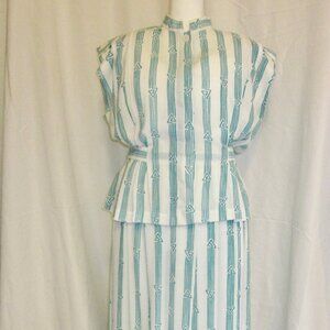 Vintage Prophecy two-piece dress, size 12, white w/turquoise stripe